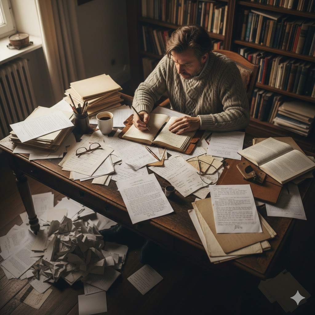 大御所ミステリー作家が執筆作業しているイメージ画像