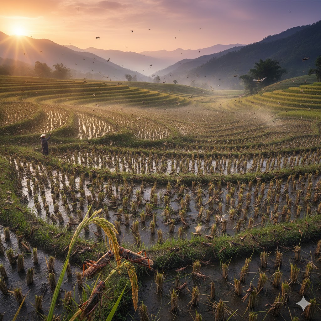 バッタの大群がイネを食い荒らしているイメージ画像