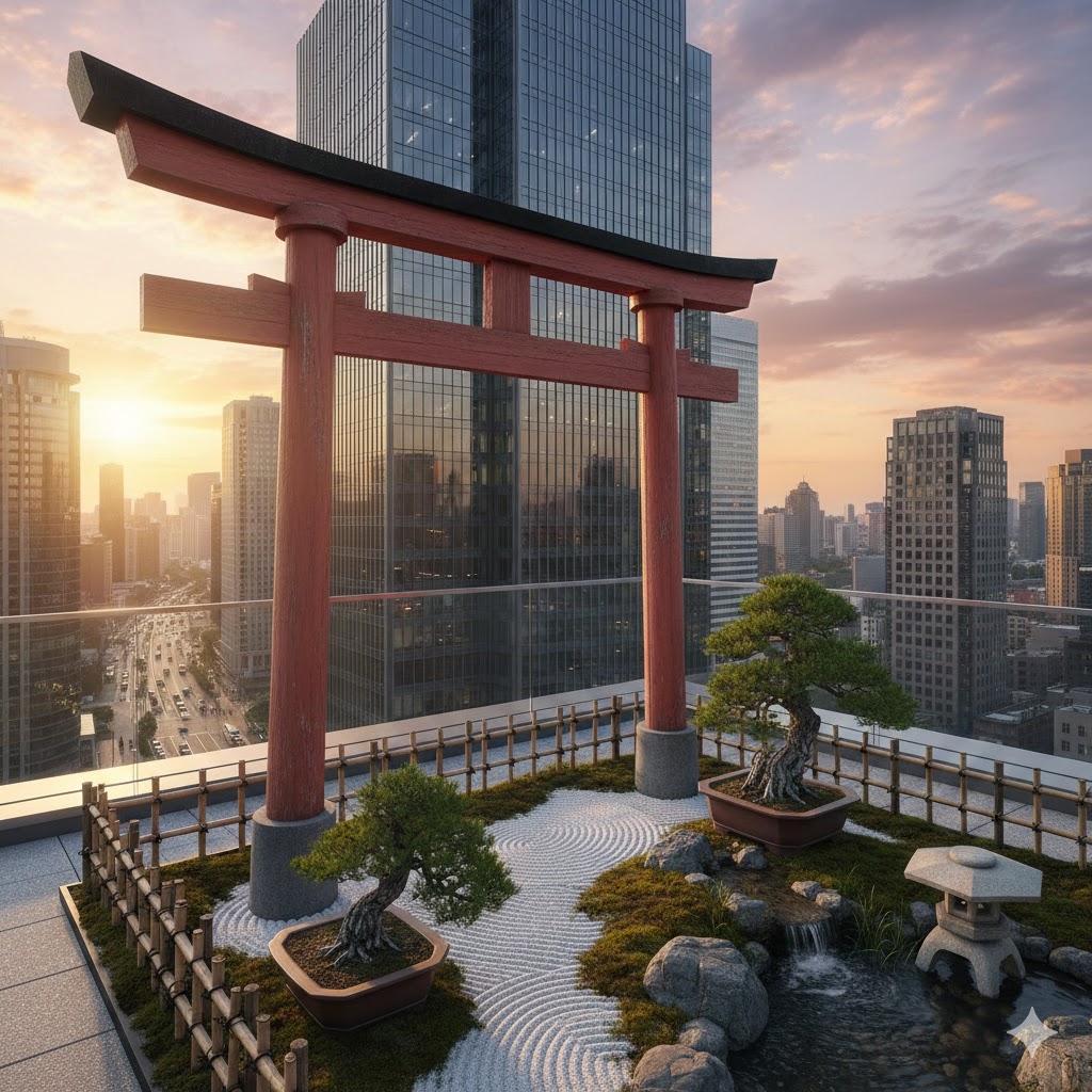 ビルの屋上に小さな神社があるイメージ画像