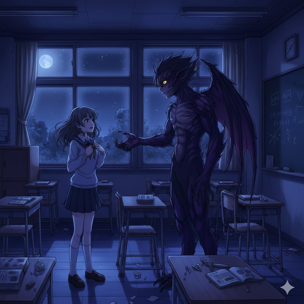 夜の学校で二人が話しているイメージ画像