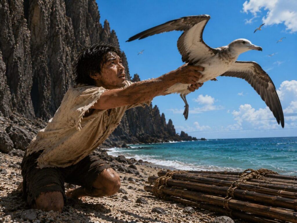 飛来するアホウドリを捕まえるイメージ画像