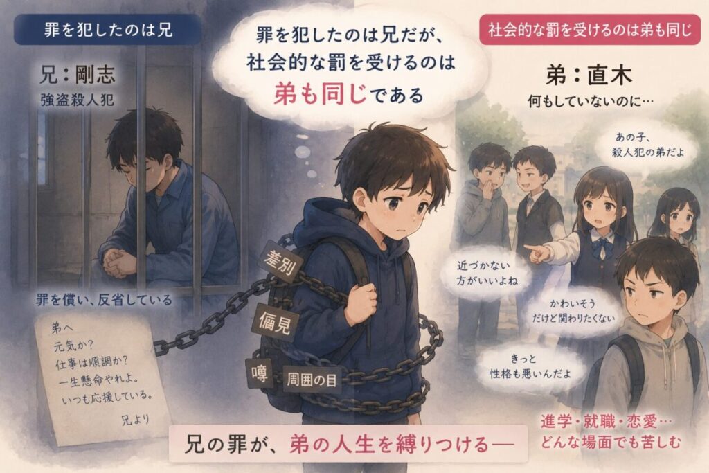 罪を犯したのは兄だが、社会的な罰を受けるのは弟も同じである」 という理不尽でリアルな構図のイメージ画像
