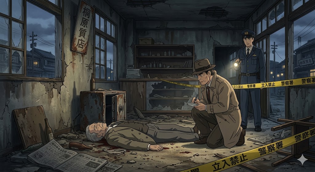昭和の日本の廃墟となったビルで起きた質屋店主の殺人事件のイメージ画像