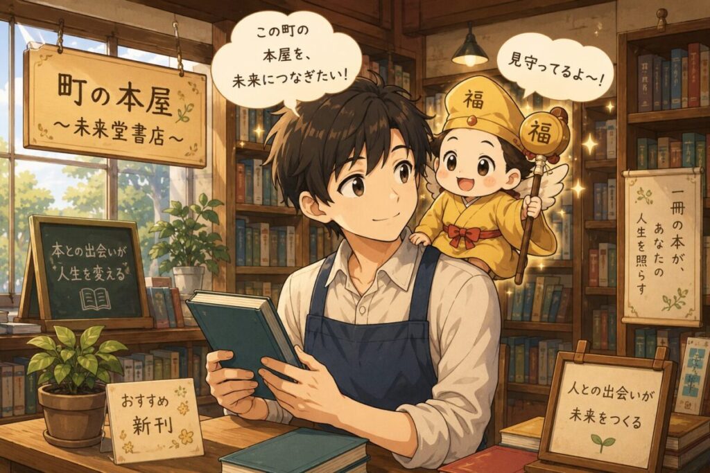 本屋さんを継いだ青年に見習いの福の神がついたイメージ画像
