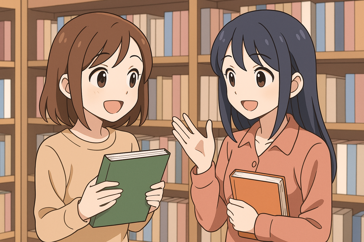 読書好きの女の子が、笑顔で友達に本をおすすめしているアニメ風イラスト。楽しく本を紹介し合う様子が描かれ、読書の魅力や人とのつながりを感じさせる印象的なシーン。