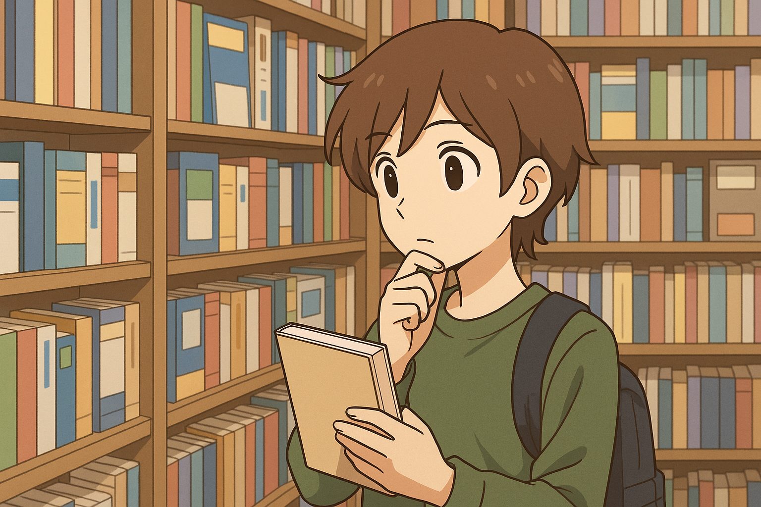 本屋で一冊の本を手に取り、何を読もうか悩むアニメ風の青年。色とりどりの本棚に囲まれながら、じっくり本を選ぶ様子が描かれている。