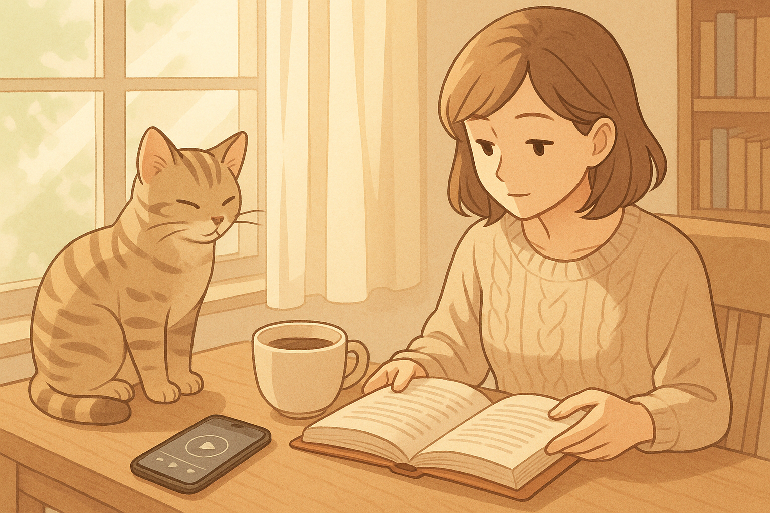 読書の悩みを解決するために本を読む女性と、窓辺でくつろぐ猫。AudibleやKindleなど時間がない人でも本を楽しめる工夫を表現したイメージ。