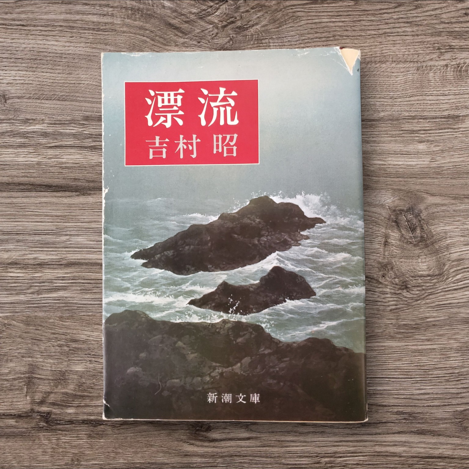 荒波に打たれる岩礁が描かれた、吉村昭『漂流』の表紙。江戸時代の漂流民たちの極限の生存劇を描く、実話をもとにした衝撃のノンフィクション小説。