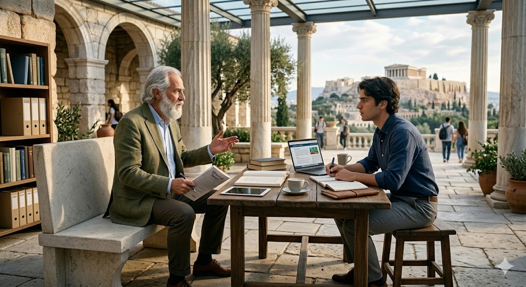 哲人と若者が議論しているイメージ画像