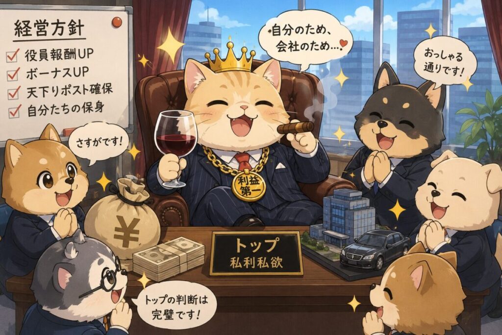 トップの私利私欲と、それに異を唱えずに追従する幹部たちのイメージ画像