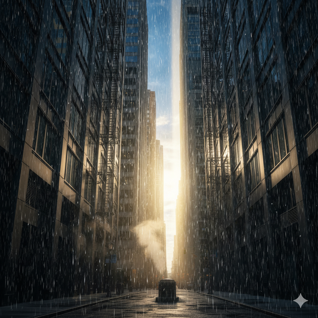 ビルの合間に光が差し込むイメージ写真