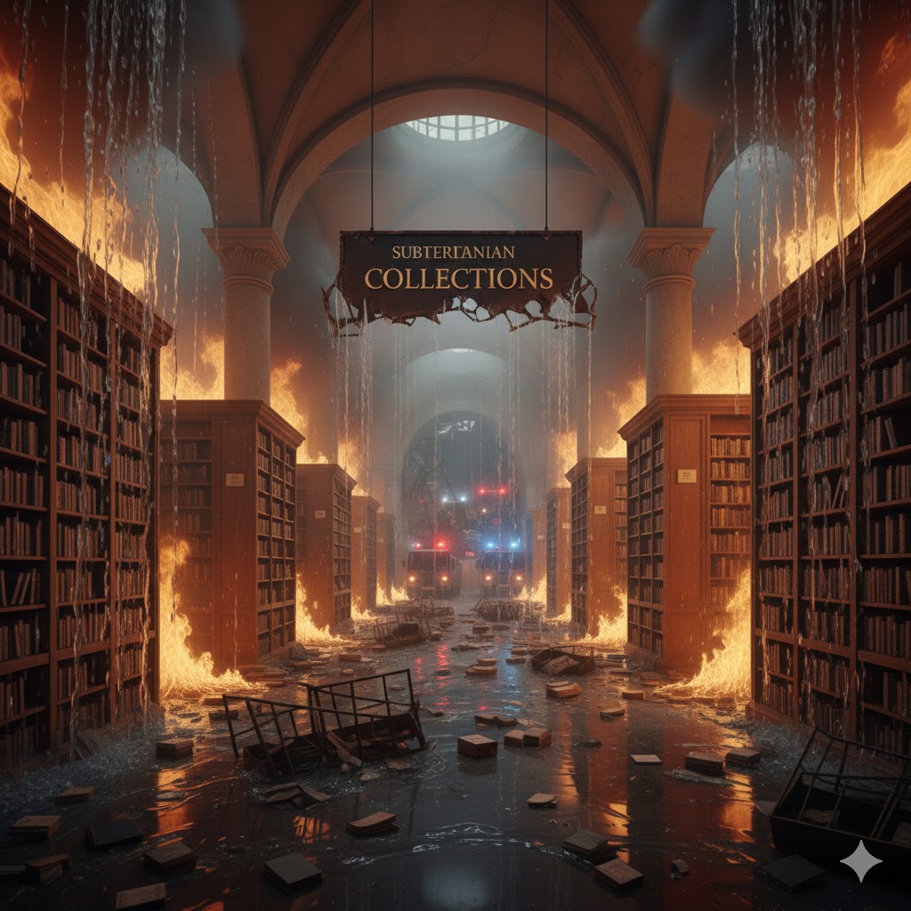 図書館が燃え本が水浸しになっているイメージ画像