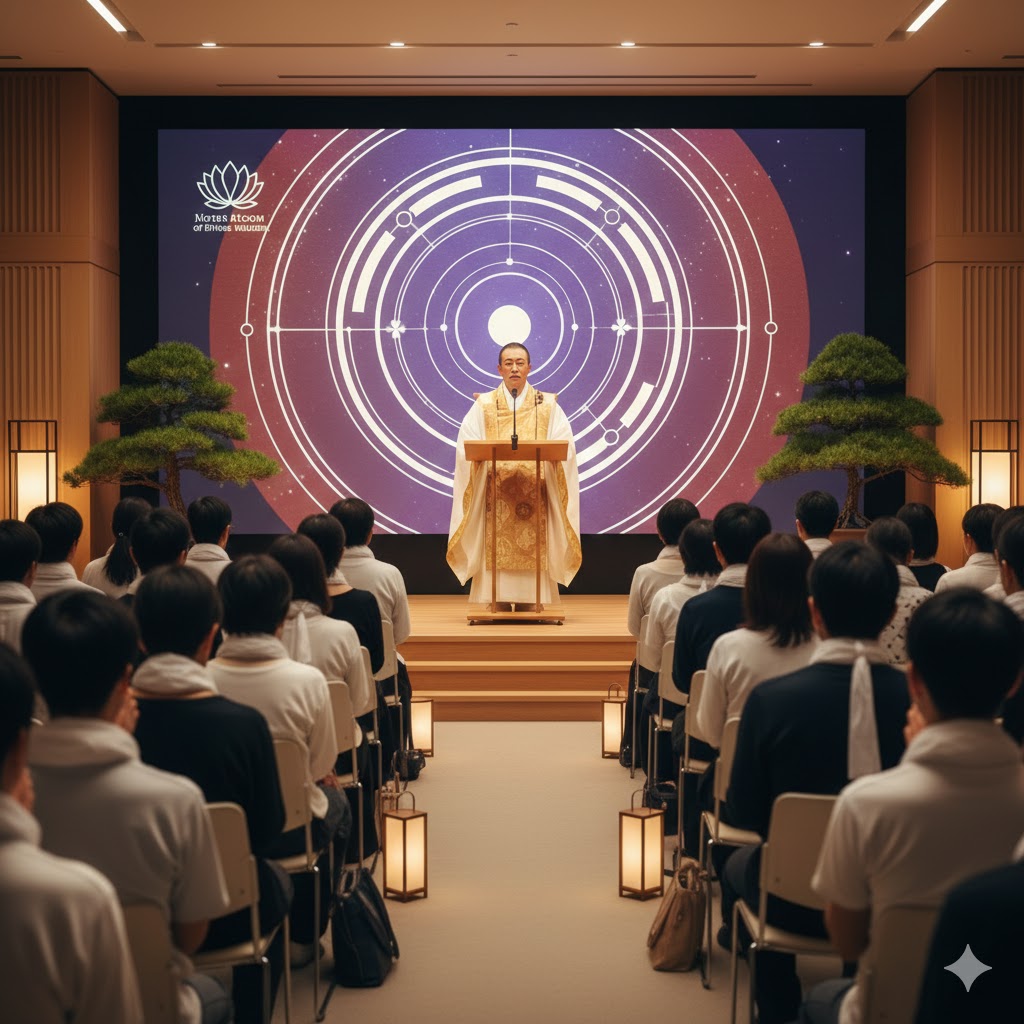 新興宗教の教祖が講義しているイメージ画像