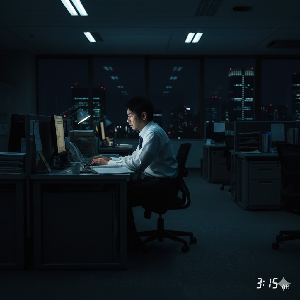 夜中まで会社に残って仕事しているイメージ画像