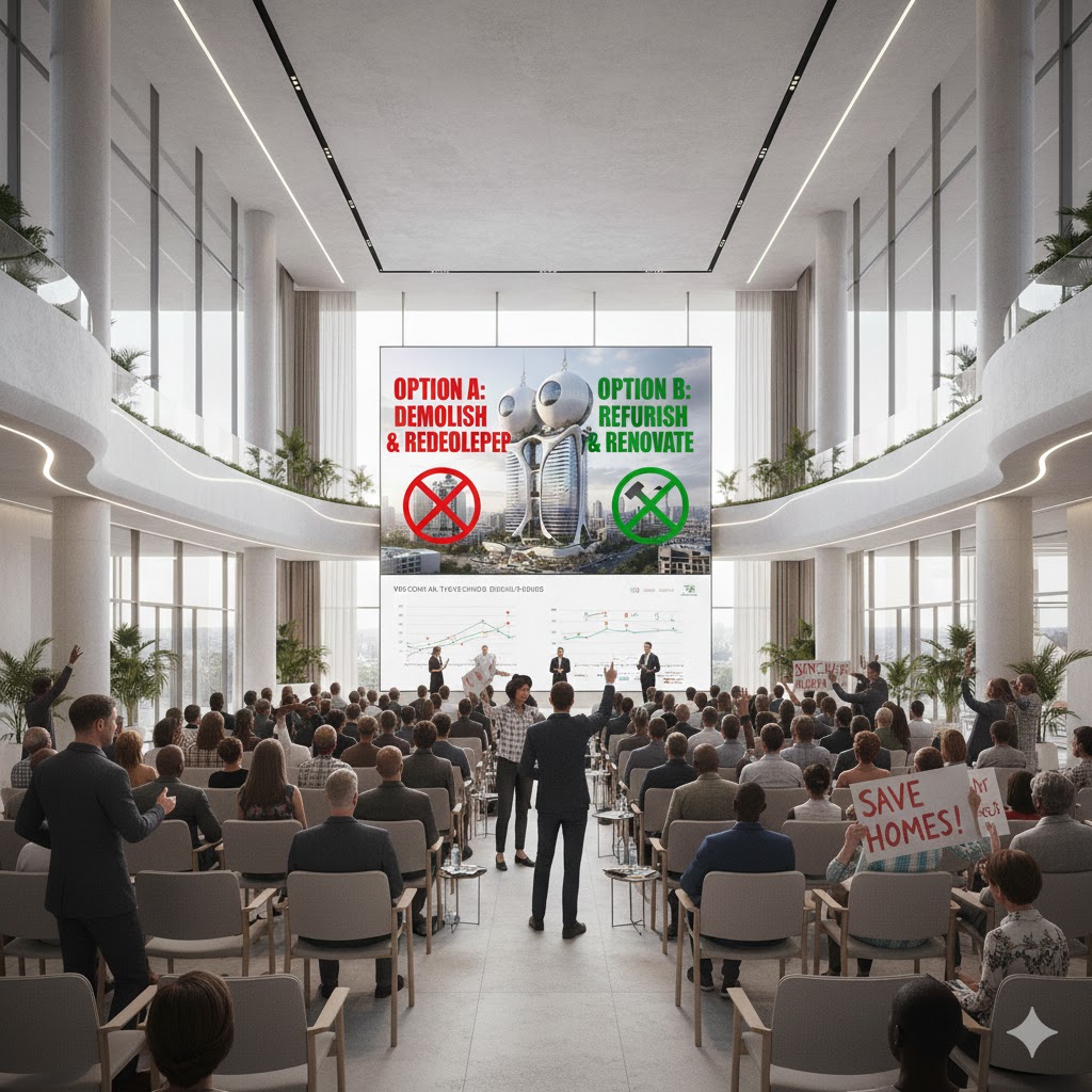 建て替えか取り壊しかを住民が話し合うイメージ画像