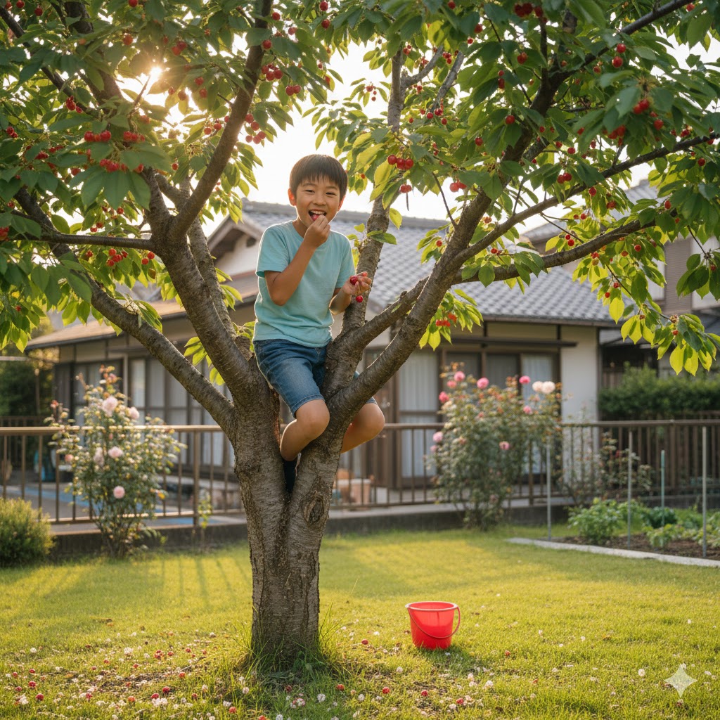 さくらんぼの木に登りつまみ食いしているイメージ画像