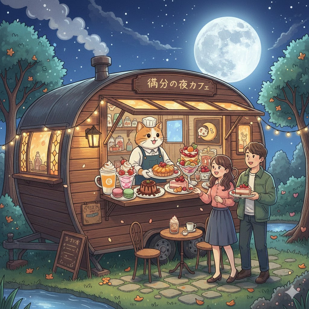 満月の夜にだけ現れる猫のカフェのイメージ画像