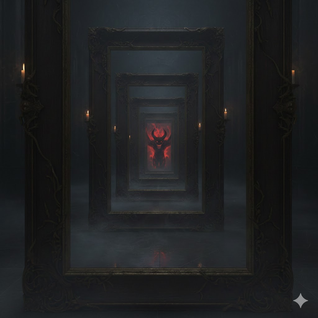 合わせ鏡の中に映る悪魔のイメージ画像