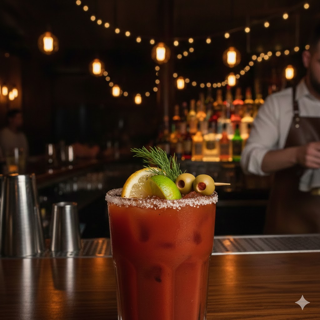 深夜のバーで飲むブラッディーマリーのイメージ画像