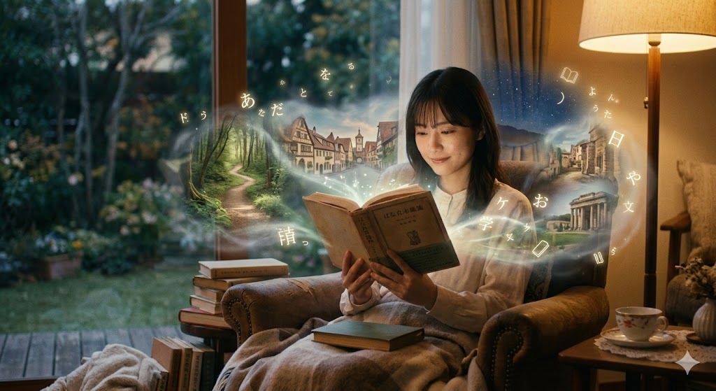 本の世界に浸っているイメージ画像