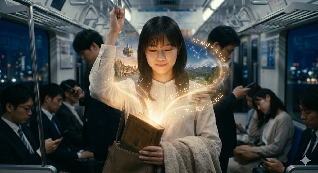 通勤電車で読書しているイメージ画像