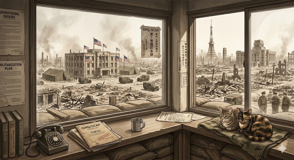 戦後の焼け野原にGHQが占領しているイメージ画像