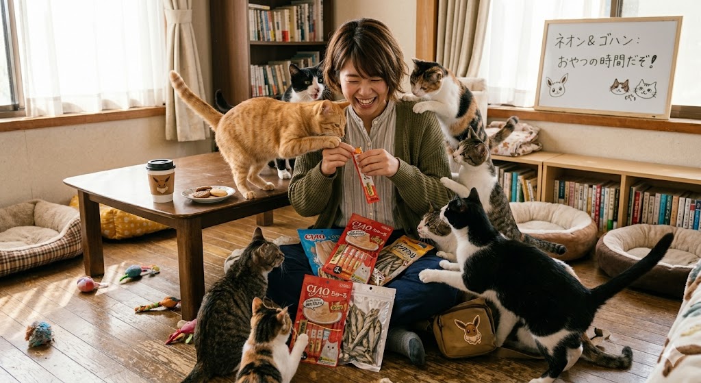 猫におやつをせかされているイメージ画像