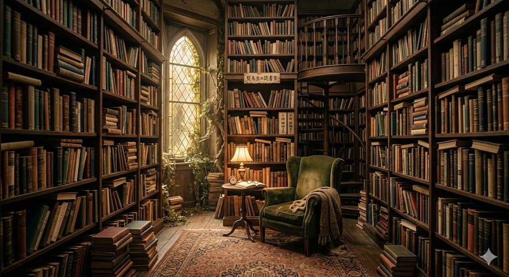 モジャ屋敷の部屋の本棚に囲まれたイメージ画像
