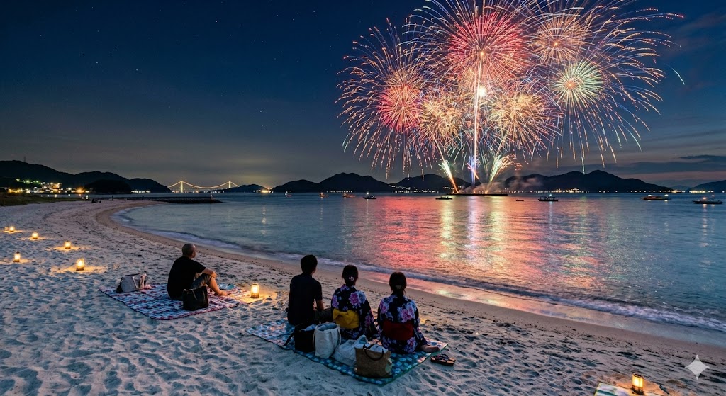 瀬戸内の海の綺麗な砂浜から見る打ち上げ花火のイメージ画像