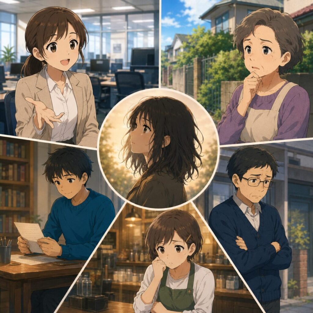 かつての同僚、近所の住人、長年文通をしていた相手など、さっちゃんのイメージがみんな違うイメージ画像