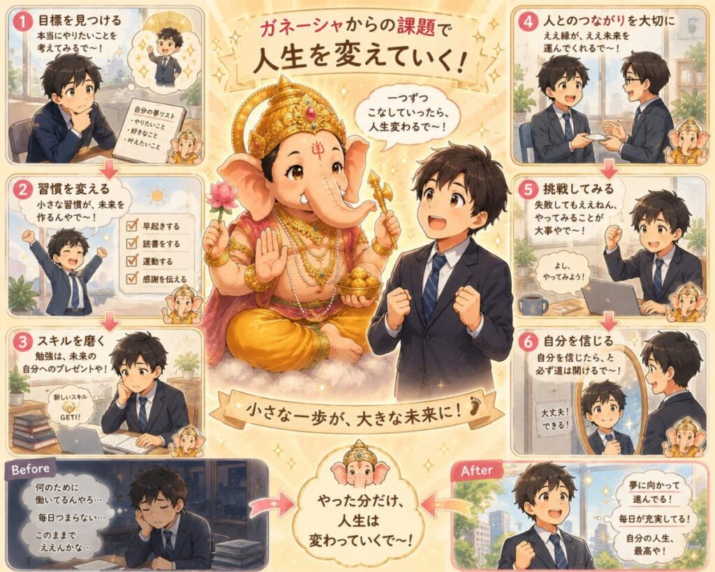 ガネーシャが出す人生を変える課題を一つずつこなしていくイメージ画像