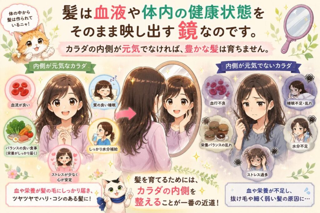 髪は血液や体内の健康状態をそのまま映し出す鏡のイメージ画像
