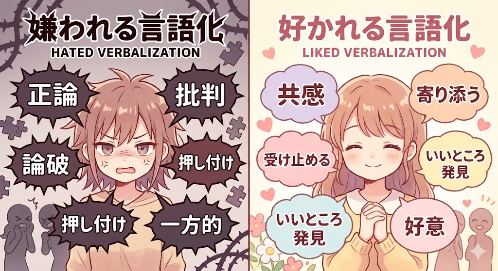 『嫌われる言語化』と『好かれる言語化』をイメージした画像