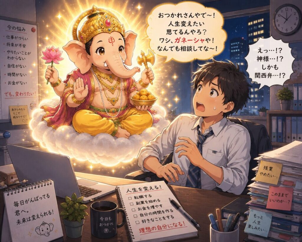 人生を変えたいと願う平凡な会社員の前に、 関西弁を話すインドの神様 「ガネーシャ」が降臨したイメージ画像