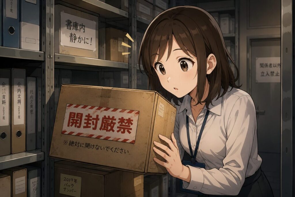 勤め先の書庫で「開封厳禁」と書かれた奇妙な段ボールを見つける女性社員のイメージ画像