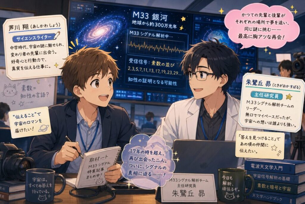 サイエンスライターとなった芦川と、M33シグナル解析チームの主任研究員となった朱鷺丘のイメージ画像