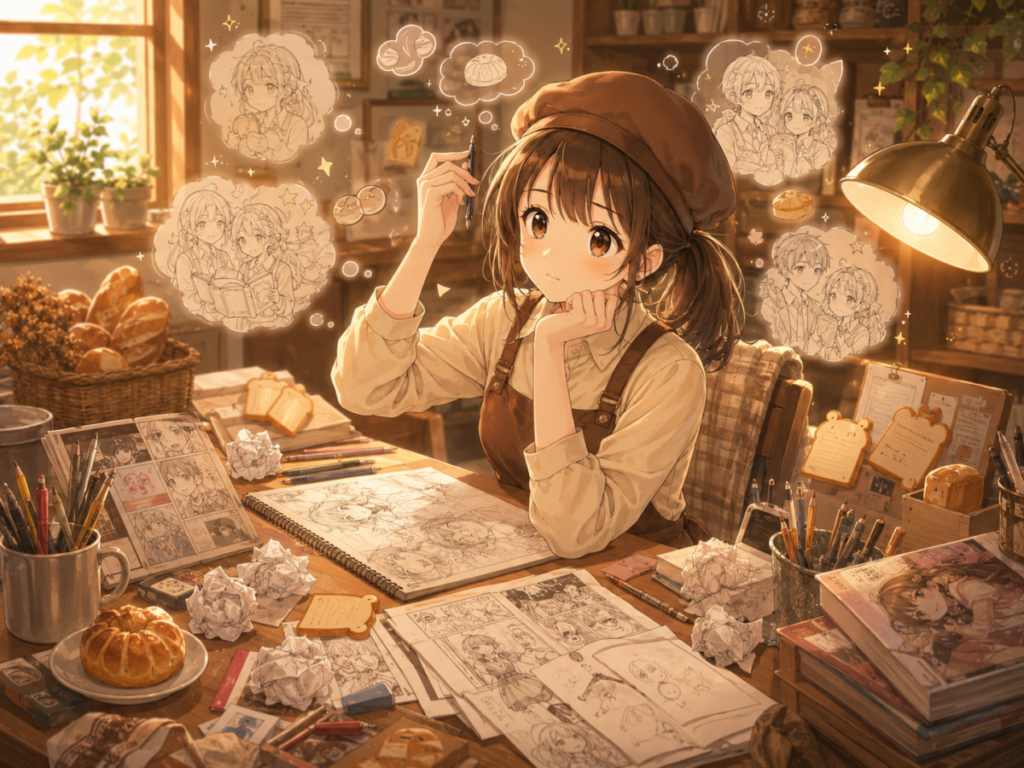 小春に「念願の漫画家デビュー」したけど次のアイデアに悩んでいるイメージ画像