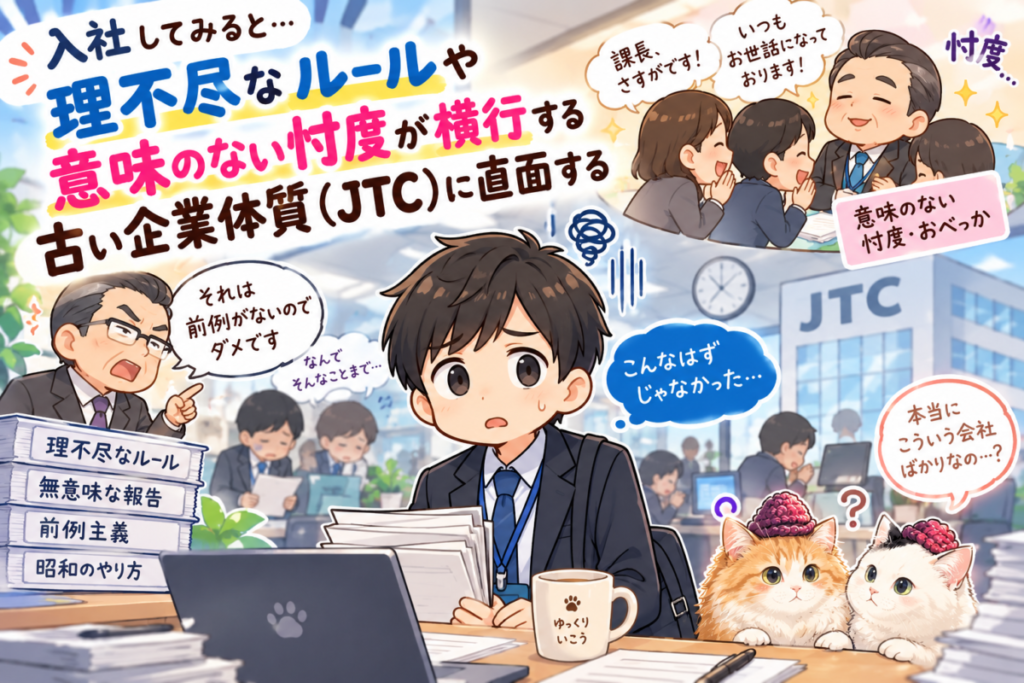 入社してみると理不尽なルールや意味のない忖度が横行する古い企業体質(JTC)に直面するイメージ画像