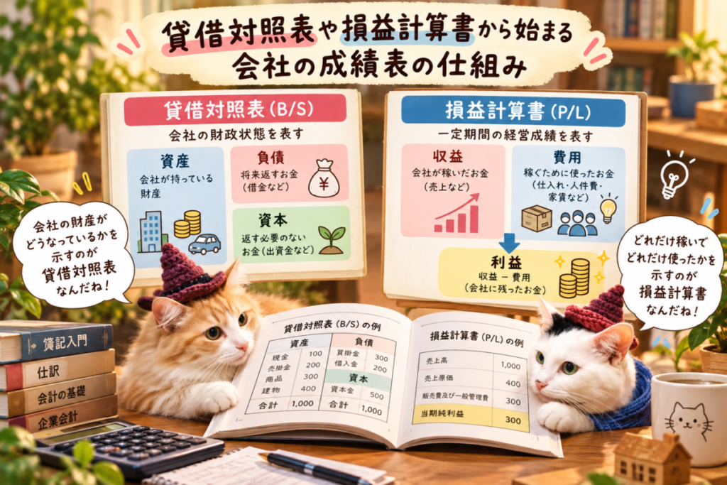 貸借対照表や損益計算書から始まる会社の成績表の仕組みのイメージ画像